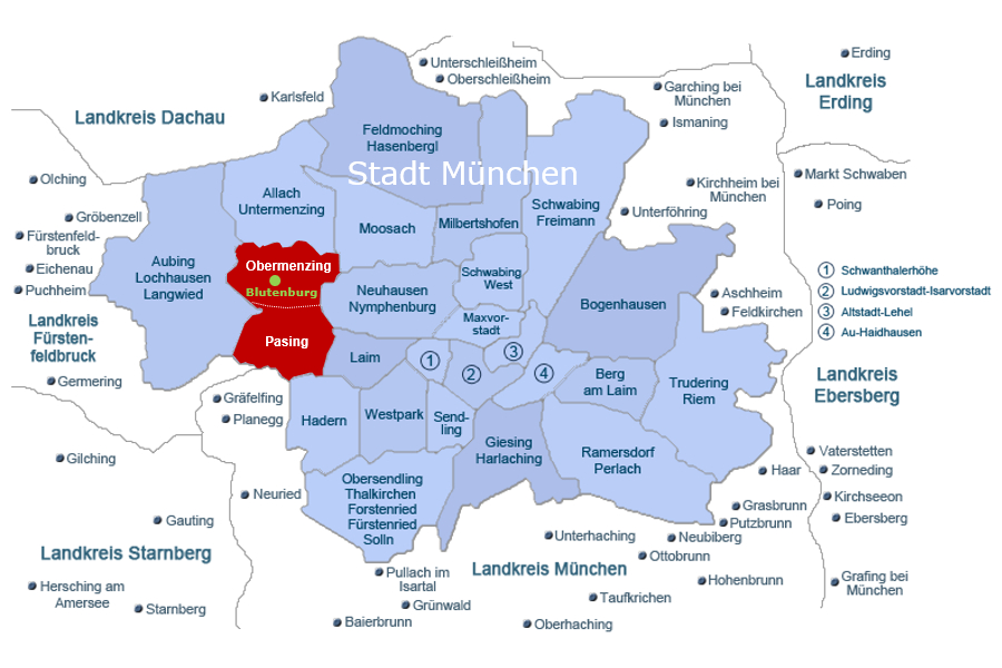 Die Stadtteile Münchens mit Verortung der Blutenburg im Stadtteil Obermenzing
